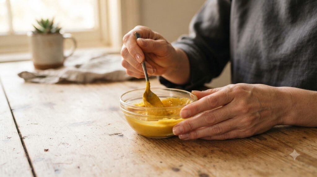 Someone mixing Vaseline turmeric and lemon juice in a small bowl