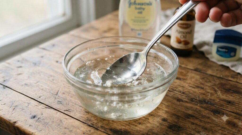 A close-up shot of a small bowl containing melted Vaseline with a spoon stirring in Johnson s baby oil and almond oil Th