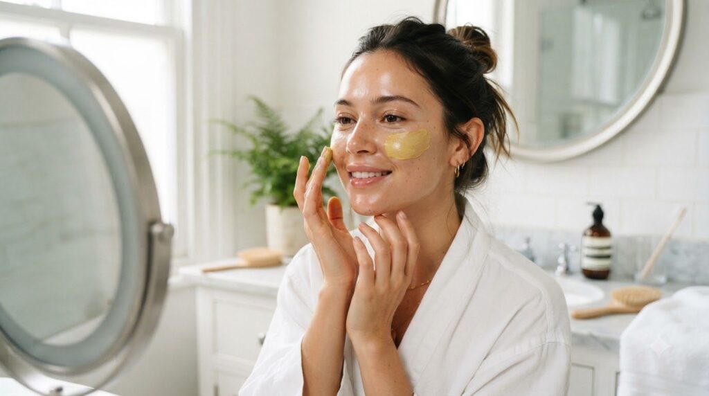 A woman gently applying a yellow face mask to her cheek