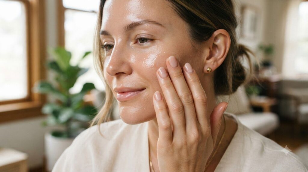 A woman s hand gently massaging the DIY balm onto her cheek demonstrating the application technique Her skin looks smoot