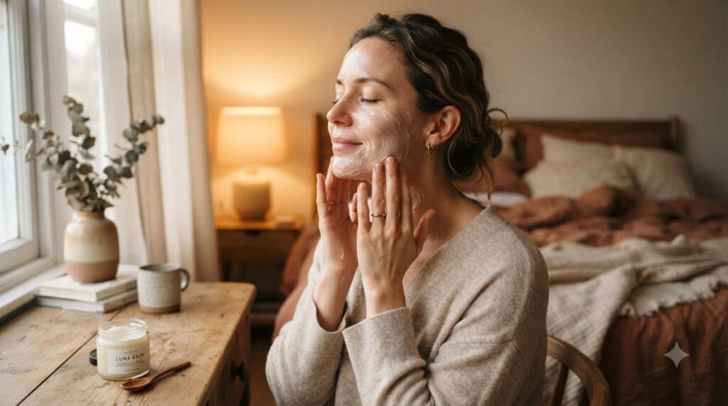 A woman gently applying a small amount of homemade balm to her clean face before bedtime with a soft warm glow around he