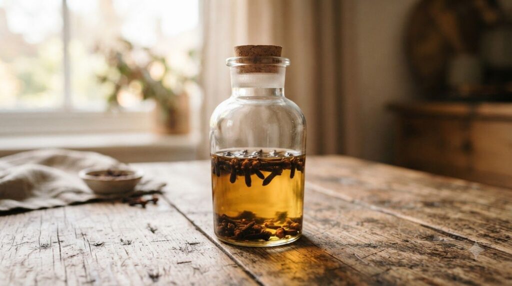 A clear glass bottle filled with golden baby oil and whole cloves sitting on a wooden surface ready for the infusion pro