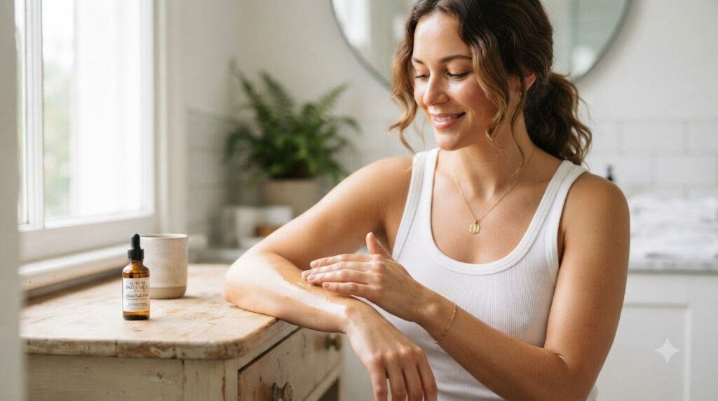A woman gently massaging clove-infused baby oil onto her arm demonstrating the application with soft natural light