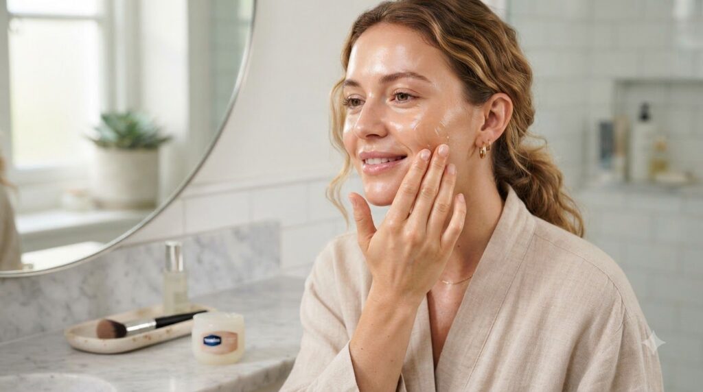 A person gently applying a small amount of the Vaseline glow gel to their cheek with their fingertips demonstrating the 