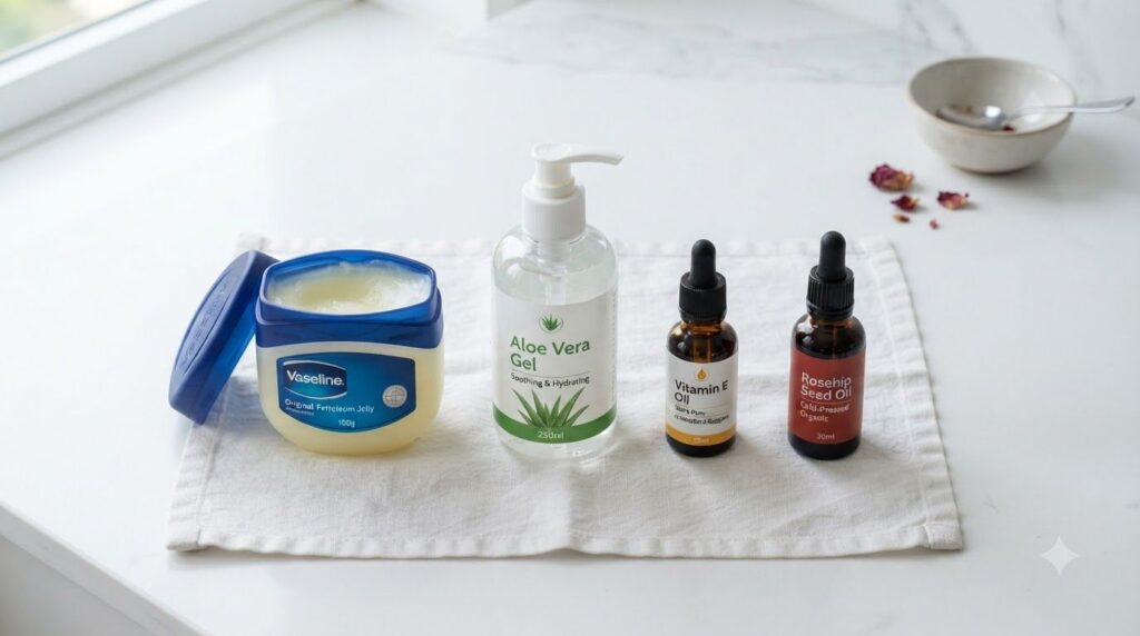 All the ingredients for the DIY Vaseline glow gel laid out neatly on a clean white surface a jar of Vaseline a bottle of