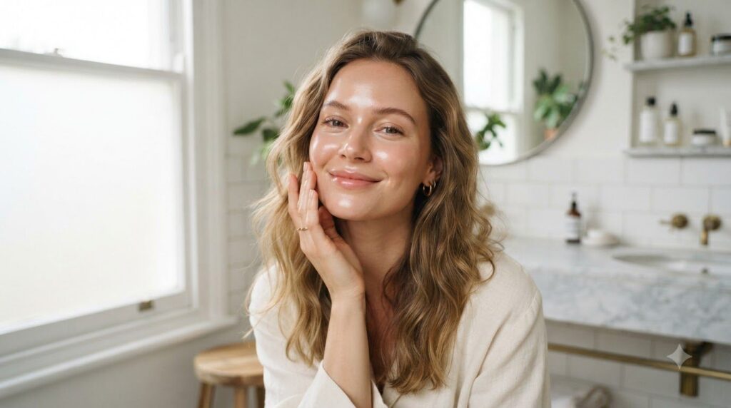 A woman gently touching her smooth clean face after using a beauty treatment with a soft glow and a happy expression