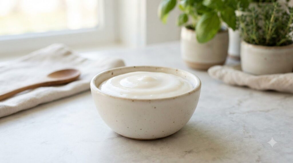 A small smooth mixture of baking soda and Vaseline in a ceramic bowl ready for application