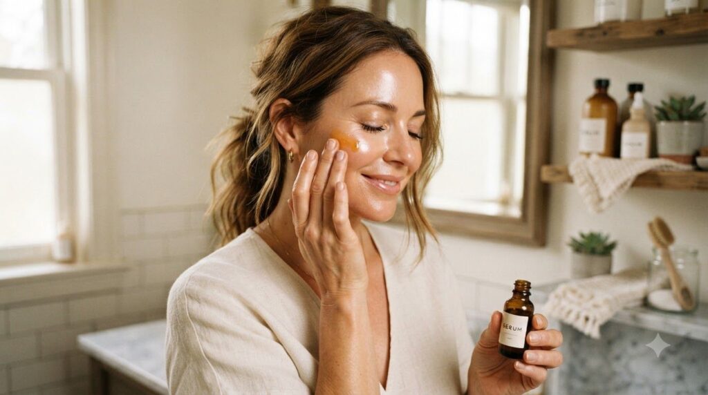A woman applying a homemade serum to her face with a gentle glowing expression