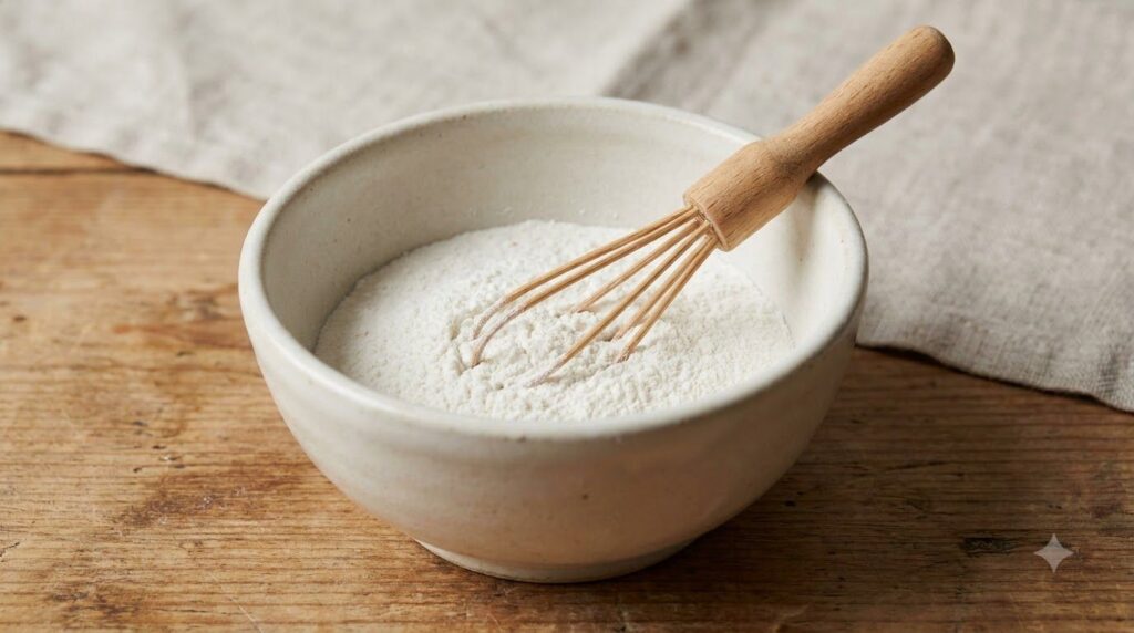 A close-up of a small bowl with white powder and a mini whisk ready for mixing