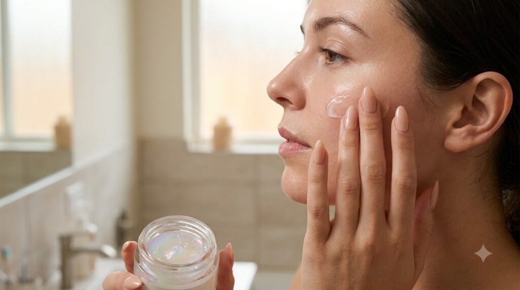 A hand gently applying a small amount of the homemade glow gel to a woman s cheek