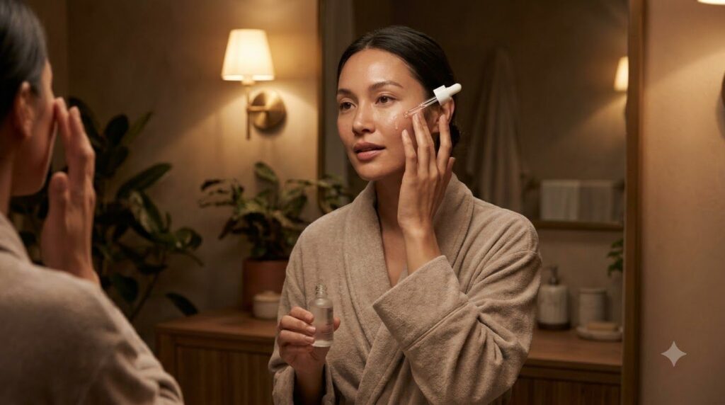 A woman gently applying a few drops of homemade facial serum to her face at night with her eyes closed in a serene bathr