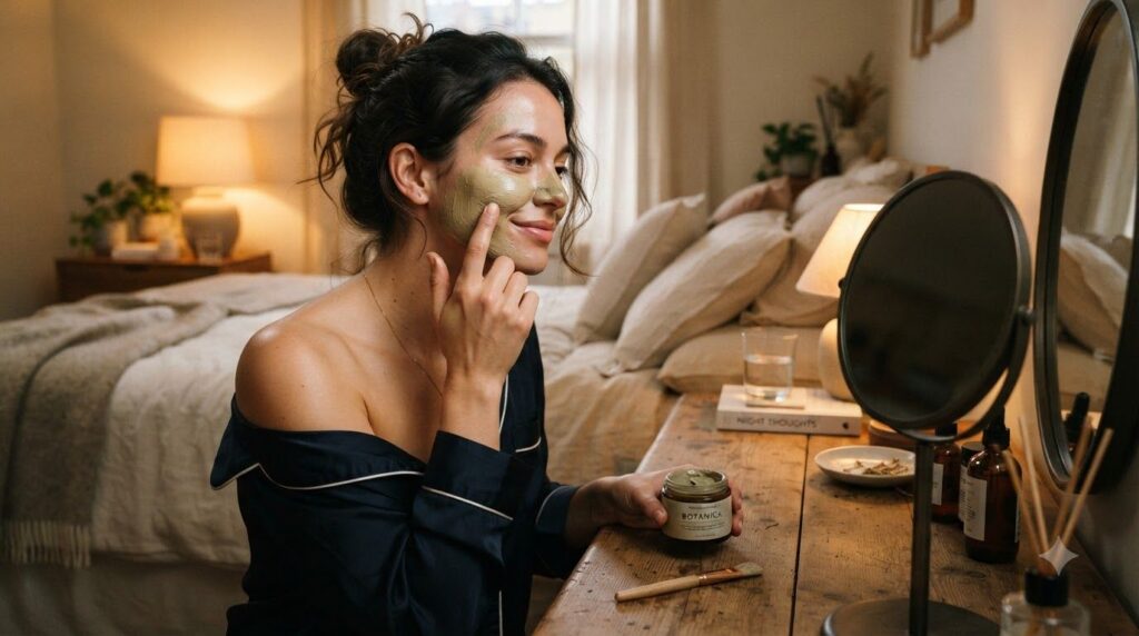 A woman applying a thin layer of a homemade mask to her face before bed her skin appearing soft and calm