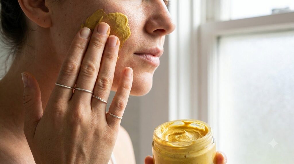 A person s hand applying a thin layer of the yellow DIY glowing skin mask to their cheek demonstrating careful applicati