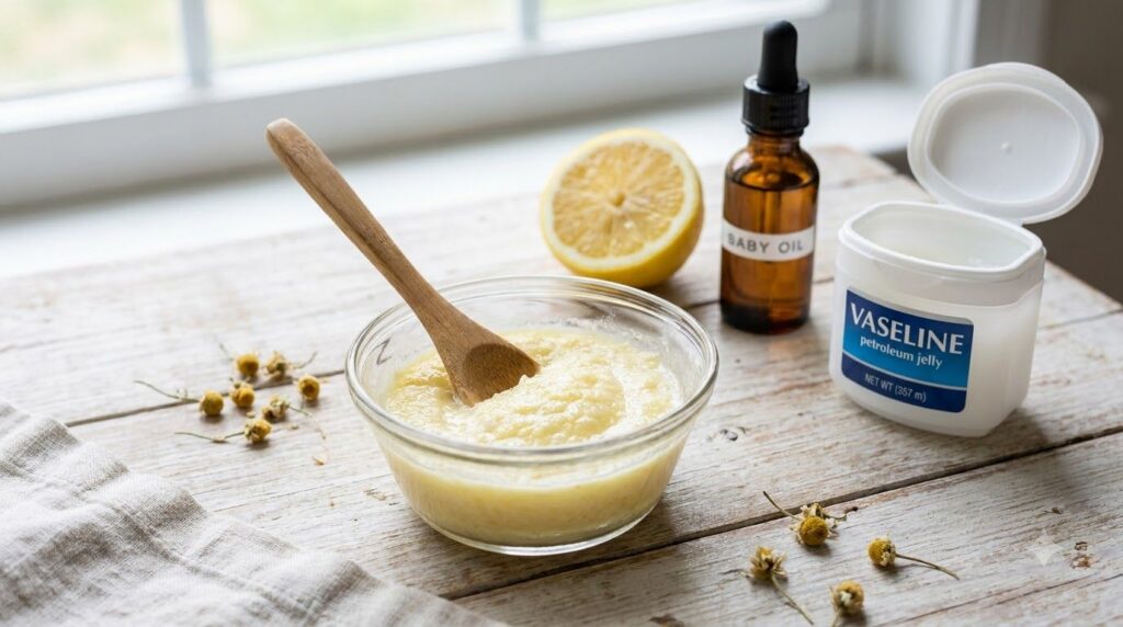 A small glass bowl containing the mixed DIY glowing skin mask showing its creamy yellow texture next to the individual i