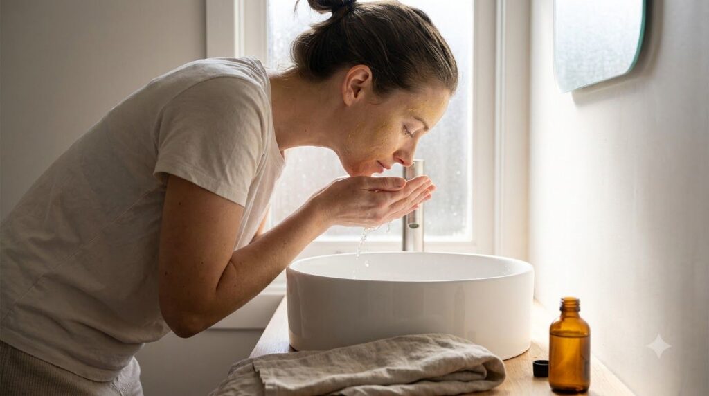 A woman gently rinsing her face with lukewarm water over a sink showing a slight yellow tint on her skin from the turmer