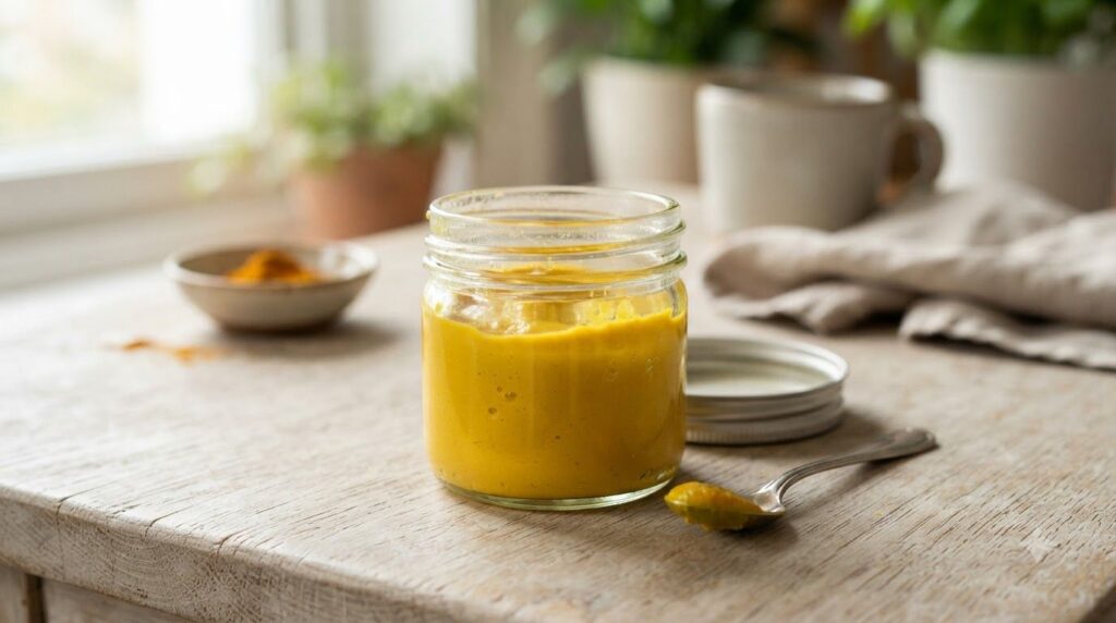A small glass jar containing the yellow Vaseline and turmeric paste ready for application with a small spoon next to it