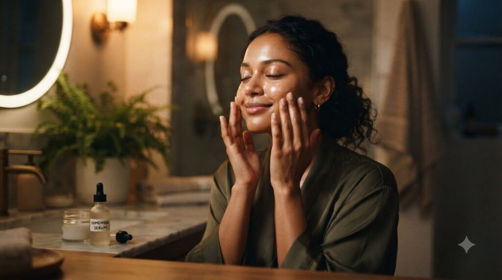 A woman gently applying a natural homemade serum to her face as part of her evening skincare routine with soft lighting 