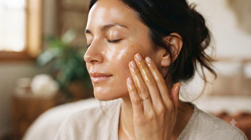 A close-up of a hand gently massaging clove-infused oil onto the face showing smooth radiant skin
