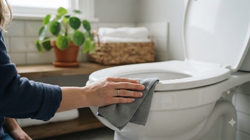 A close-up of a hand gently cleaning a white ceramic toilet with a gray microfiber cloth The toilet is pristine and whit