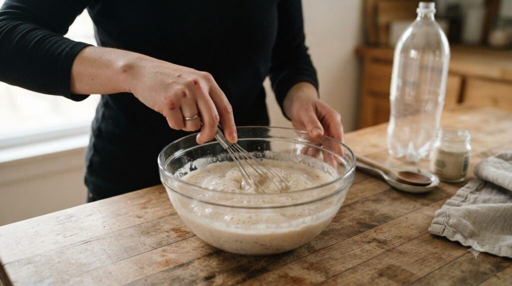 Close-up of a person mixing sugar water and yeast in a bowl to create bait for an insect trap with a plastic bottle in t