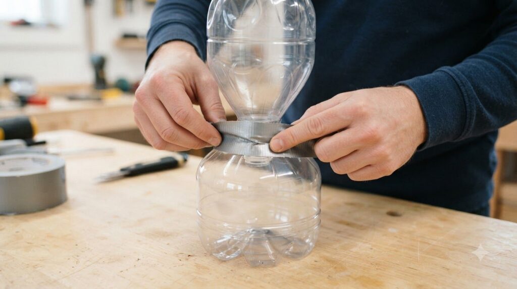 Hands securing the inverted top of a plastic bottle into its base with strong tape creating a funnel for an insect trap
