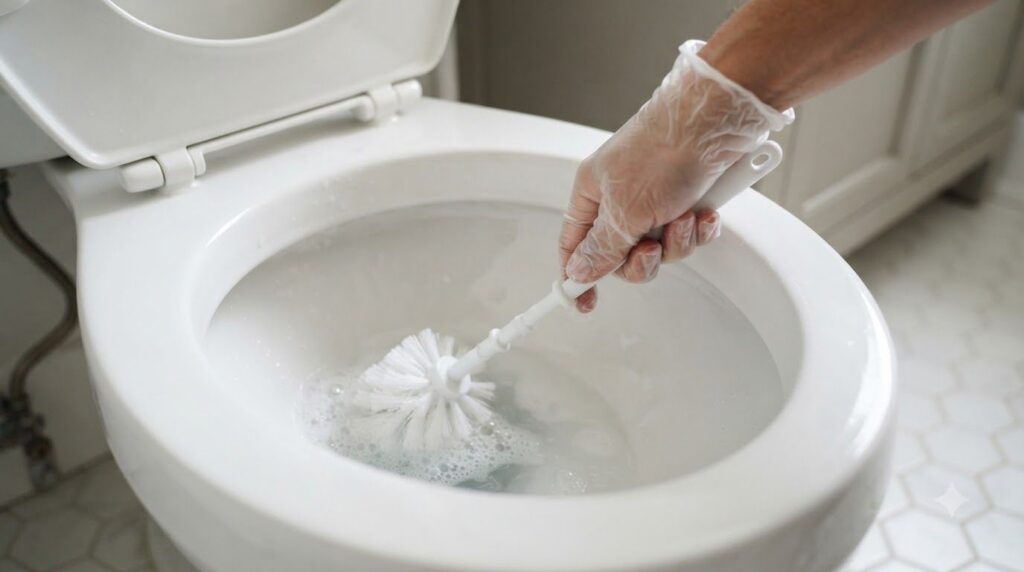A hand wearing a glove scrubbing the inside of a toilet bowl with a brush showing the fizzing reaction of a natural clea