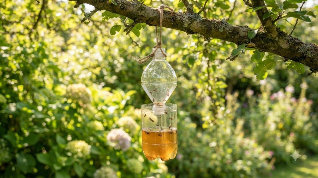 A finished homemade insect trap hanging from a tree branch in a sunny garden with blurred green foliage in the backgroun