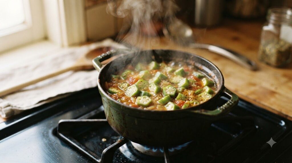 Sliced okra pods simmering in a small pot on a stovetop with steam gently rising The liquid is starting to thicken into 