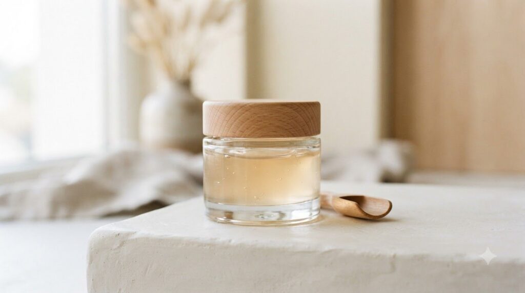 A small elegant glass jar filled with a translucent smooth and slightly golden gel placed on a clean surface with a subt