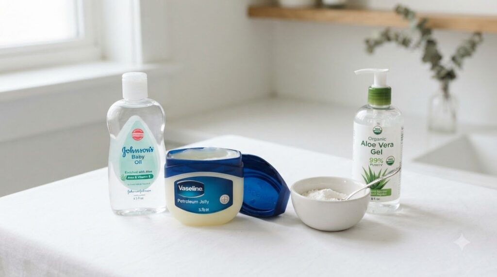 All ingredients for the Vaseline glow gel laid out on a clean surface a tub of petroleum jelly a bottle of baby oil a sm