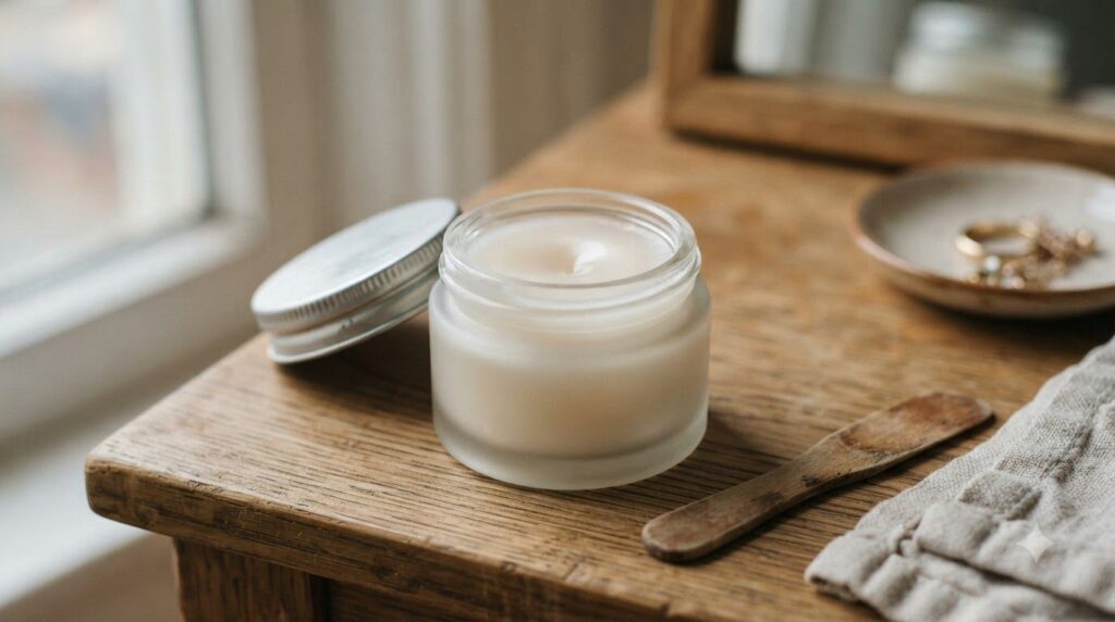 A small glass jar filled with the freshly made Vaseline glow gel with a smooth slightly opaque texture sitting on a vani