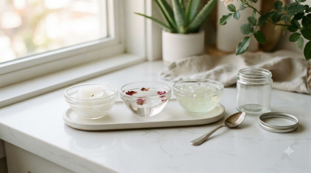 Small glass bowls containing Vaseline rose water and aloe vera gel with a mixing spoon and an empty clean jar on a light