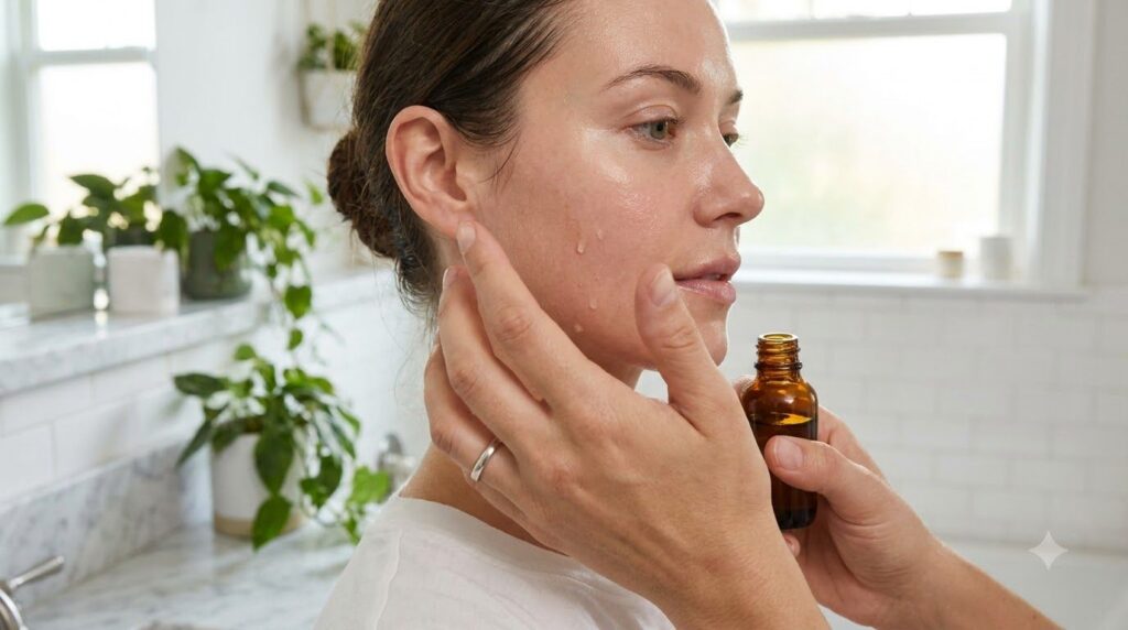A woman s hand gently massaging a few drops of the homemade glow toner onto her cleansed face showing a soft radiant she