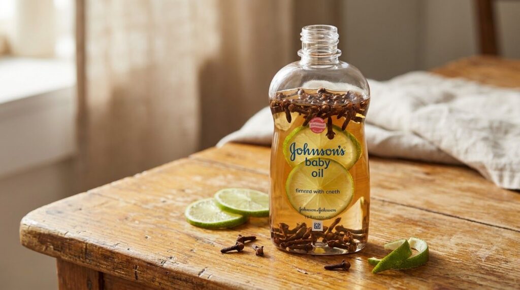 Close-up of a clear glass bottle filled with Johnson s baby oil infused with dried cloves and lime slices sitting on a w