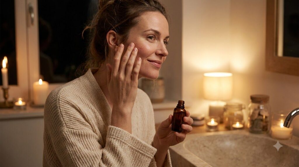 A woman gently massaging a few drops of homemade infused oil onto her face as part of her nighttime skincare routine wit