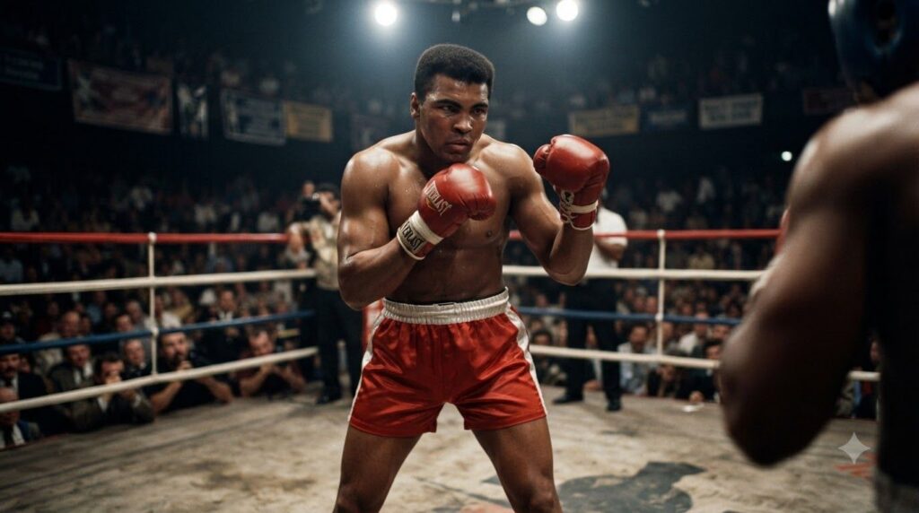 Muhammad Ali in his prime gloved and ready to fight with a determined expression