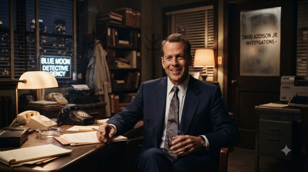Bruce Willis in a younger role perhaps from Moonlighting looking charming and witty