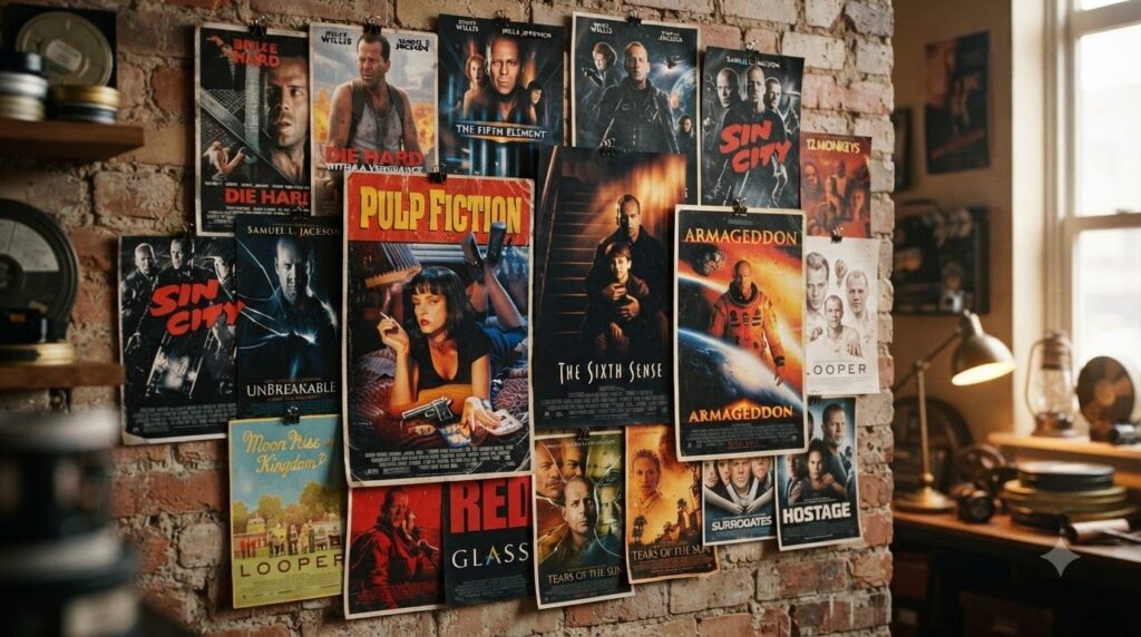 A collage or montage of movie posters featuring Bruce Willis in his most famous roles such as Pulp Fiction The Sixth Sen