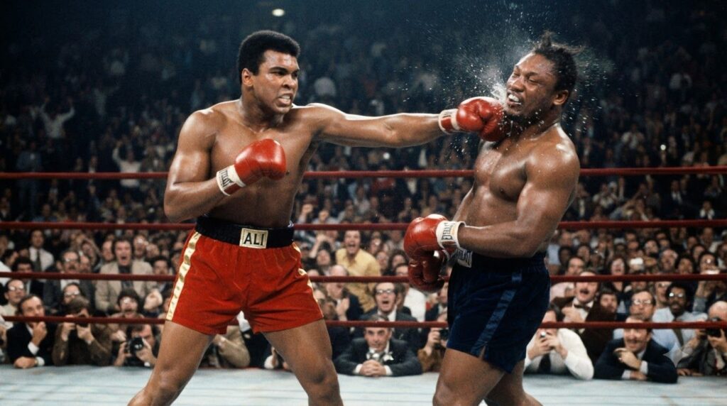 Muhammad Ali delivering a powerful punch during a famous boxing match