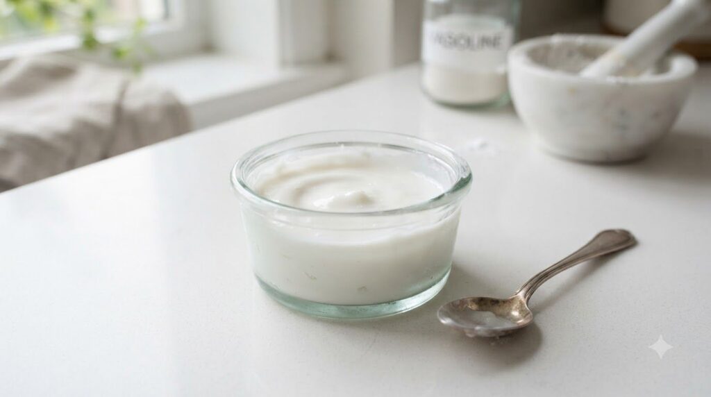 Close-up of a small glass bowl containing the finished Vaseline and aspirin paste with a mixing spoon beside it on a cle