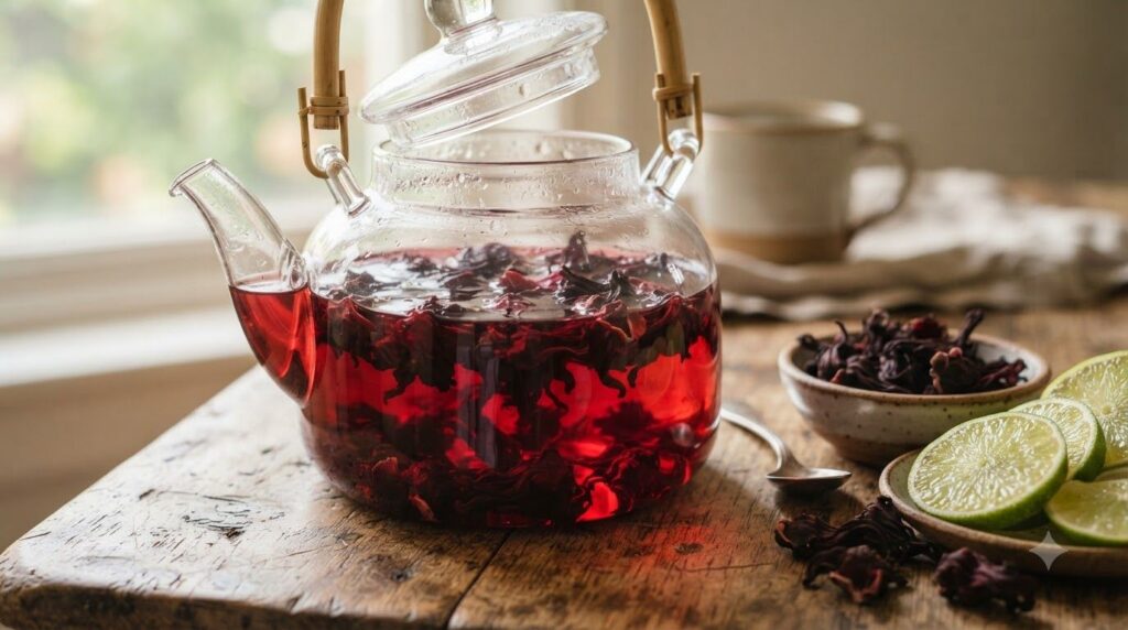 A pot of steeping hibiscus calyces turning water red with fresh lime and dried hibiscus on the side