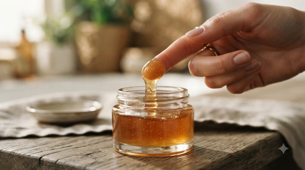 A close-up of a hand scooping a small amount of the Golden Glow Gel from a jar showing its rich glossy texture