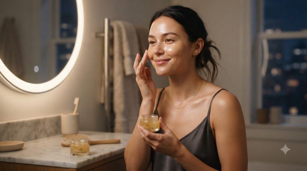 A woman gently applying the homemade Golden Glow Gel to her face at night showing a soft illuminated glow on her skin
