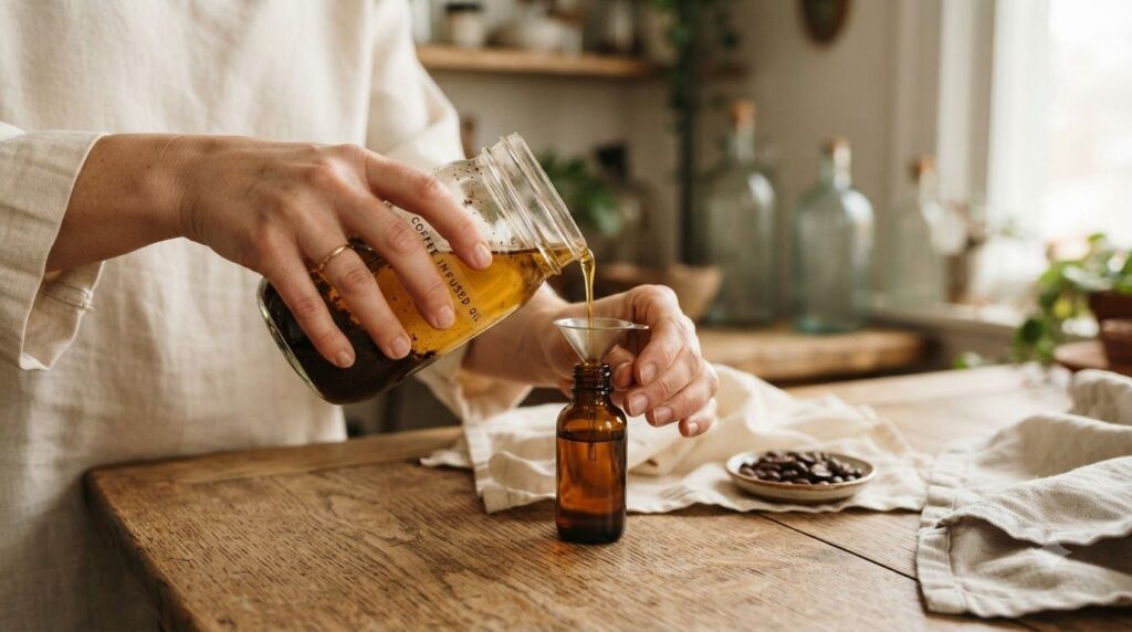 A close-up of hands pouring coffee-infused baby oil into a small amber dropper bottle showcasing the rich golden color o