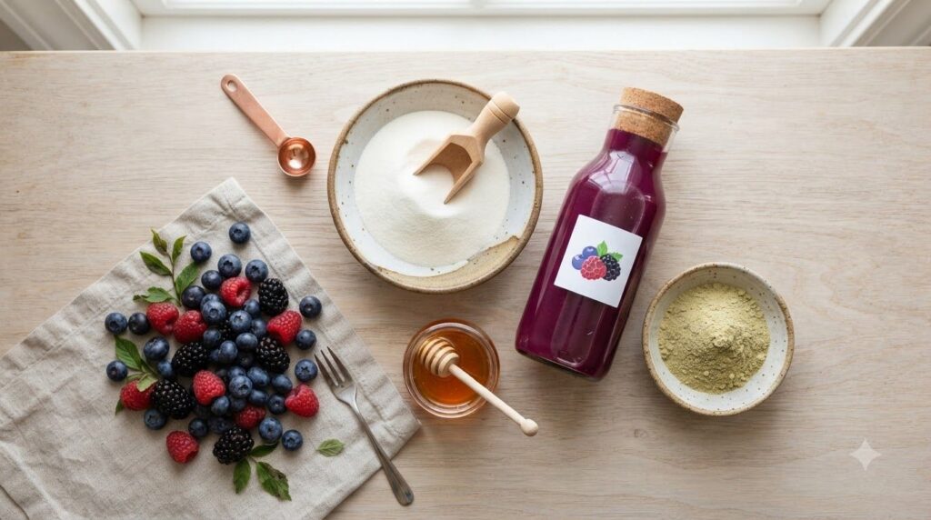 An aesthetic flat lay of the ingredients for the berry and amla beauty jelly agar-agar powder in a small bowl a bottle o