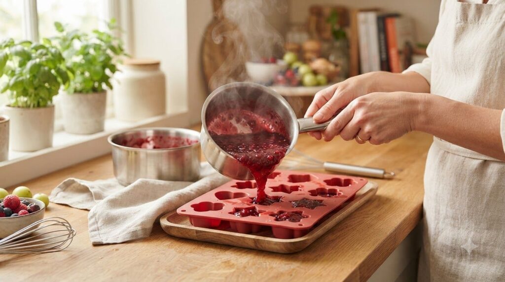 Hands pouring the warm berry and amla jelly mixture into small individual silicone molds on a kitchen counter with steam