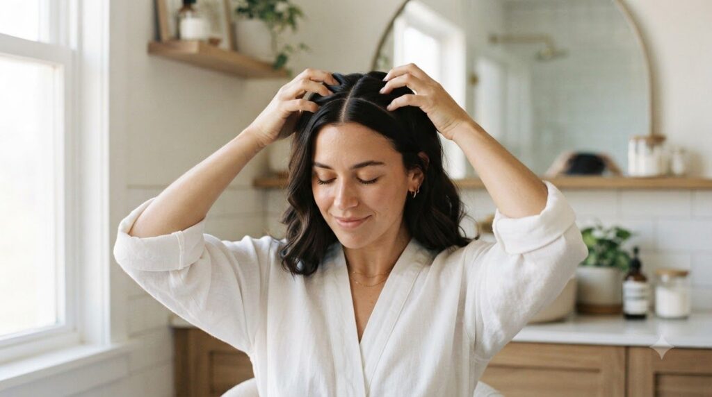 A woman gently massaging her scalp with fingertips showing careful application of hair oil Her hair is parted in section
