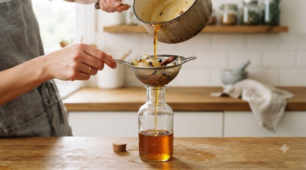 A warm amber-colored oil being carefully strained through a fine-mesh sieve into a glass bottle with onion and clove rem