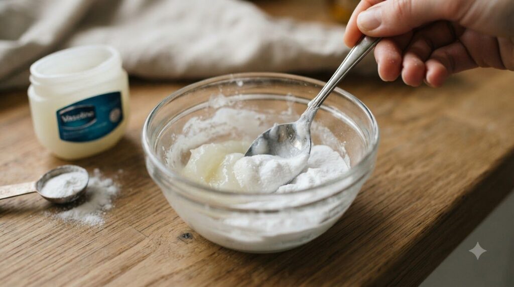 Close-up shot of a small glass bowl containing Vaseline and baking soda being mixed with a small spoon to form a paste