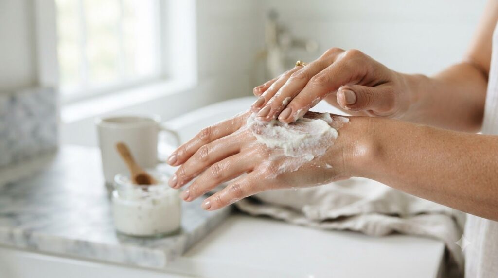 A woman gently massaging the Vaseline and baking soda paste into her hand showing the application process